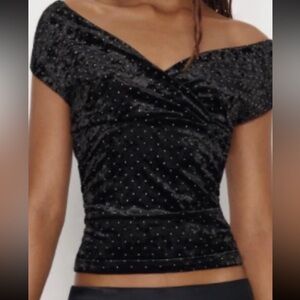 New With Tags Reformation Black Lauryn Knit Velvet Runched Top Velvet Medium